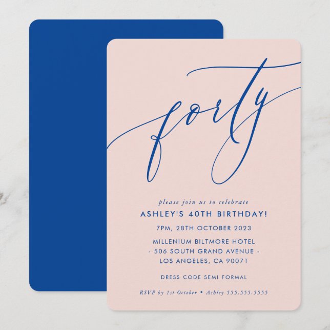 MINIMALIST Calligraphy chic 40th party blue blush Invitation (Front/Back)