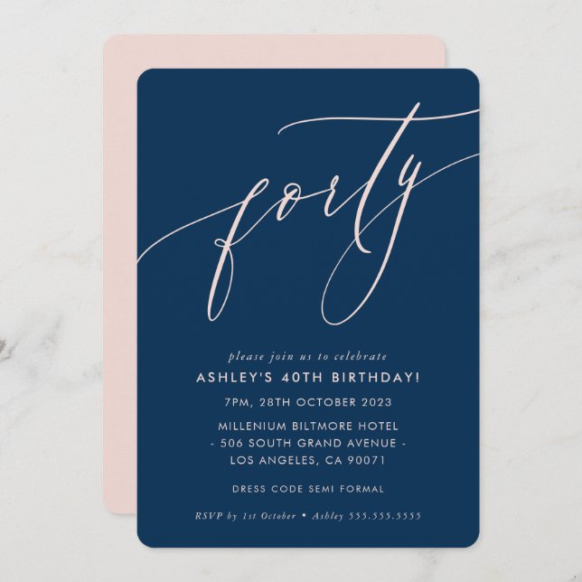 MINIMALIST Calligraphy chic 40th party navy blush Invitation (Front/Back)