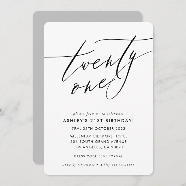 MINIMALIST Calligraphy chic stylish 21st birthday Invitation (Front/Back)