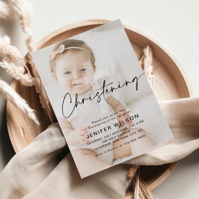 Minimalist Calligraphy Christening Baptism Photo Invitation (Creator Uploaded)