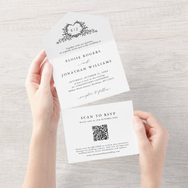 Minimalist Calligraphy Crest monogram QR Code All In One Invitation (Tearaway)
