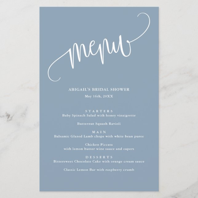Minimalist Calligraphy Dusty Blue Paper Menu (Front)