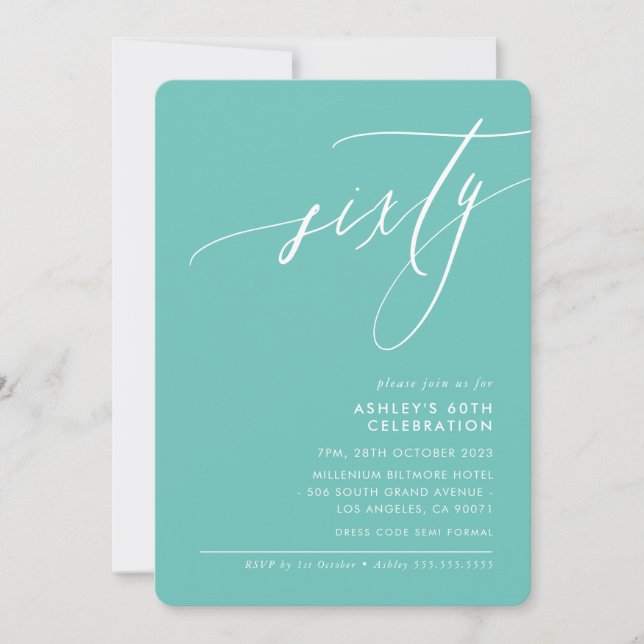 MINIMALIST Calligraphy elegant 60th party mint  Invitation (Front)