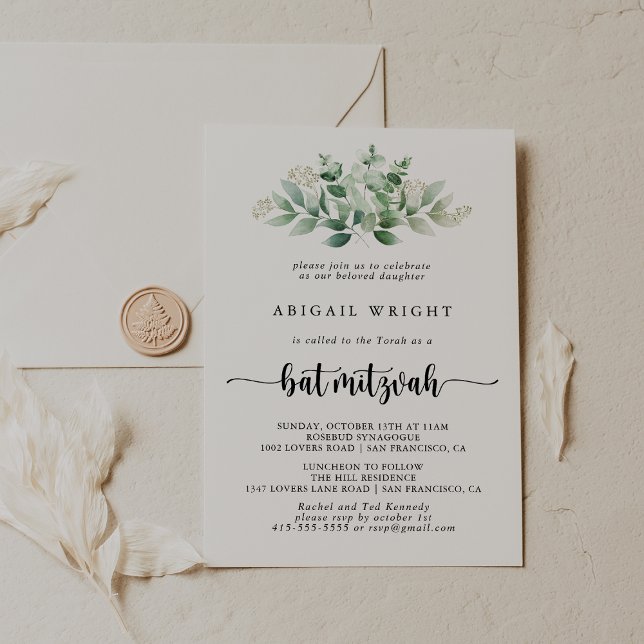 Minimalist Calligraphy Eucalyptus Bat Mitzvah  Invitation (Creator Uploaded)