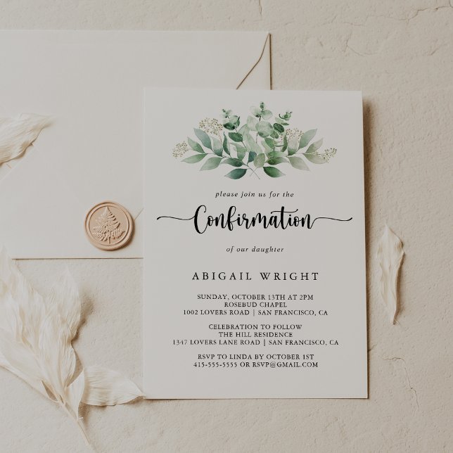 Minimalist Calligraphy Eucalyptus Confirmation  Invitation (Creator Uploaded)