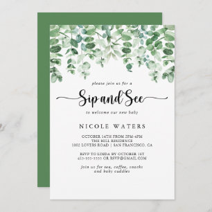 Minimalist Calligraphy Eucalyptus Sip and See  Invitation