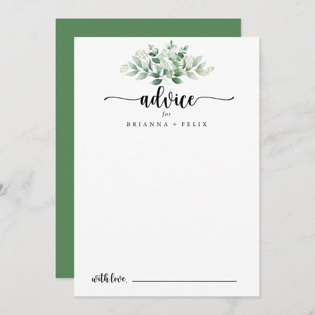 Minimalist Calligraphy Green Eucalyptus Wedding  Advice Card (Front/Back)