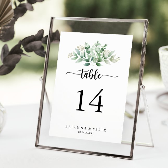 Minimalist Calligraphy Green Eucalyptus Wedding  Table Number (Creator Uploaded)