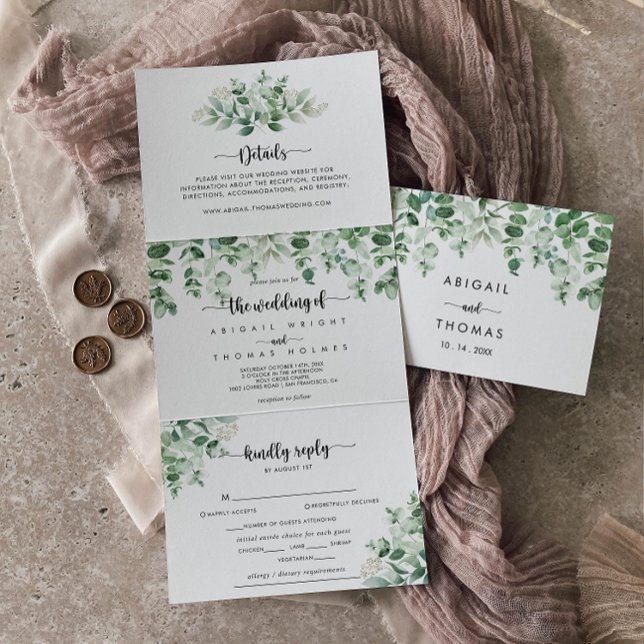 Minimalist Calligraphy Green Eucalyptus Wedding Tri-Fold Invitation (Creator Uploaded)