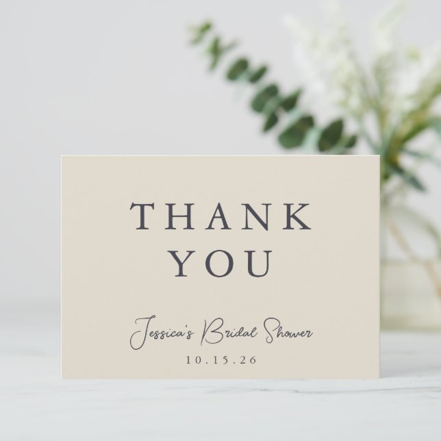Minimalist Calligraphy Ivory Bridal Shower Flat Thank You Card (Standing Front)