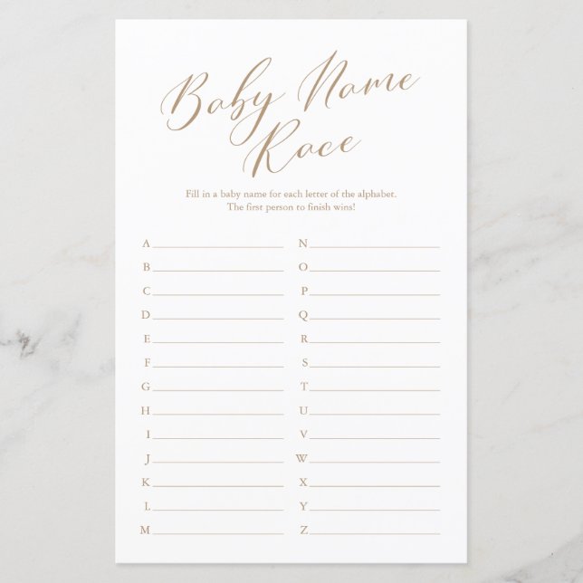 Minimalist Calligraphy Name Race Baby Shower Game (Front)