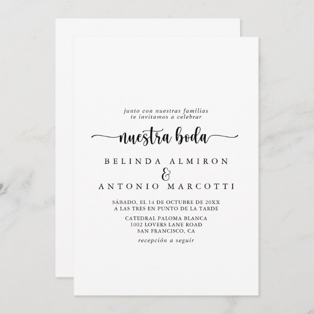 Minimalist Calligraphy Nuestra Boda Wedding Invitation (Front/Back)
