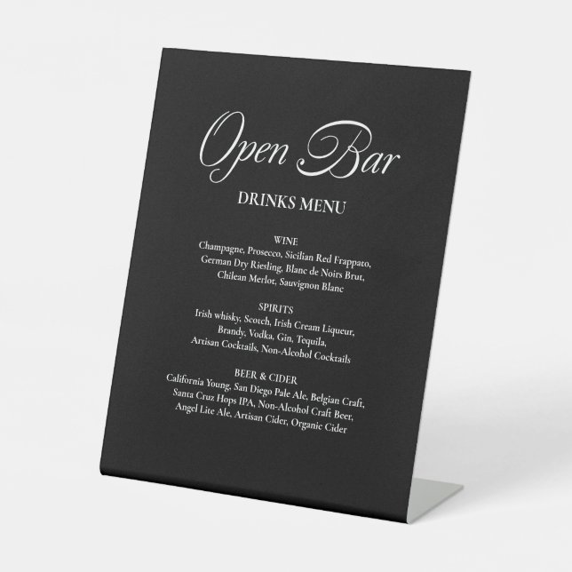 Minimalist Calligraphy Open Bar Black Wedding Pedestal Sign (Front)