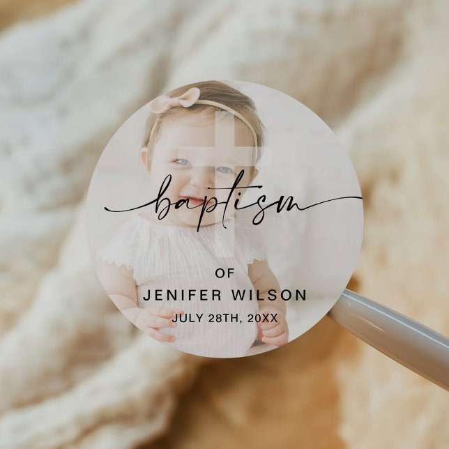 Minimalist Calligraphy Photo Baby Baptism Classic Round Sticker (Creator Uploaded)