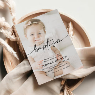 Minimalist Calligraphy Photo Baby Baptism  Invitation