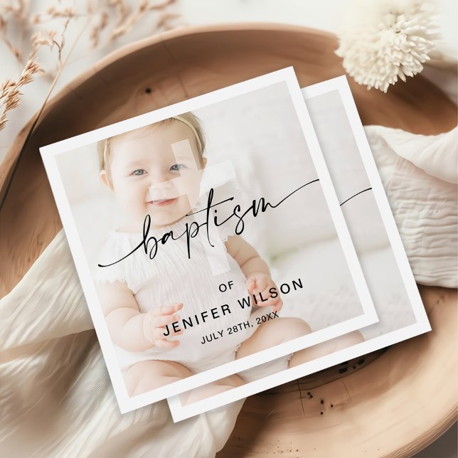 Minimalist Calligraphy Photo Baby Baptism Napkin (Creator Uploaded)
