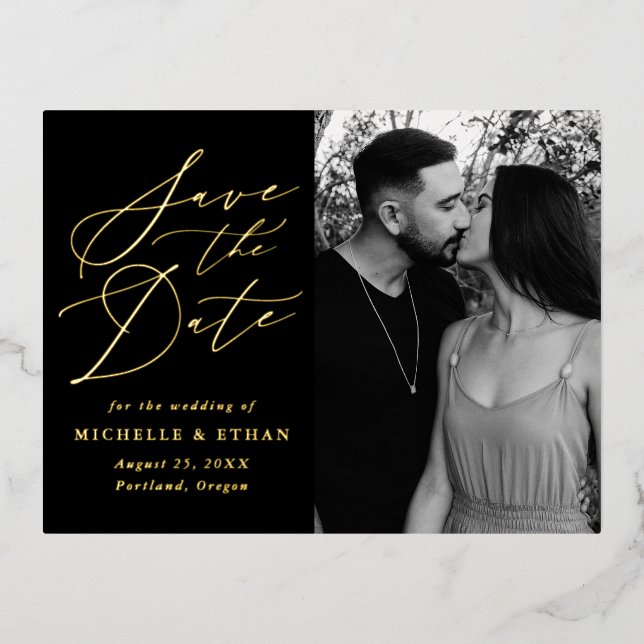 Minimalist Calligraphy Photo Save the Date Foil Invitation Postcard (Front)