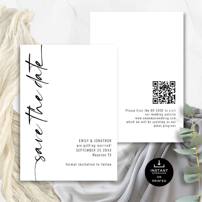 Minimalist Calligraphy QR Code Any Colour Wedding  Save The Date (Front and back view)