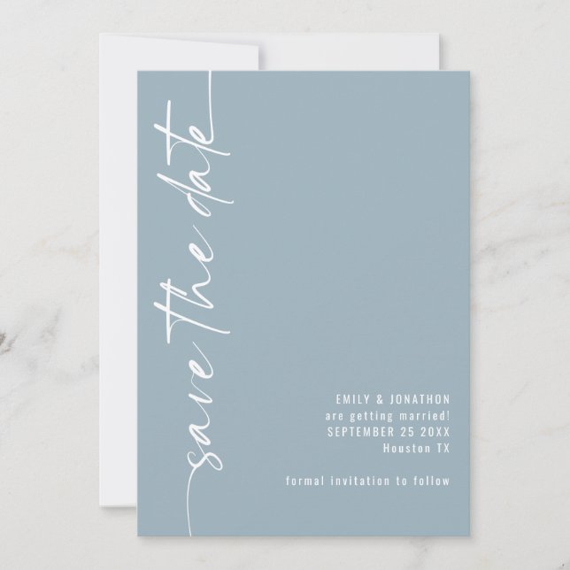 Minimalist Calligraphy QR Code Dusty Blue Wedding  Save The Date (Front)