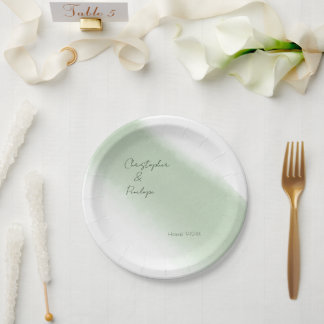 Minimalist Calligraphy Sage Watercolor Wedding  Paper Plate