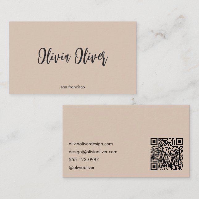 Minimalist Calligraphy Sandstone Modern QR Code Business Card (Front/Back)
