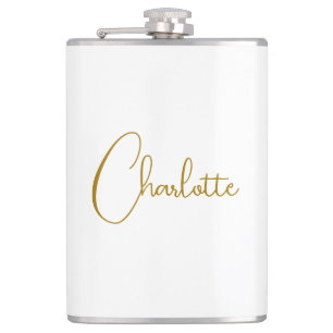 Minimalist Calligraphy Script Name Gold Colour Hip Flask