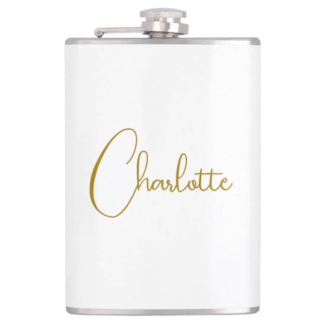 Minimalist Calligraphy Script Name Gold Colour Hip Flask (Front)
