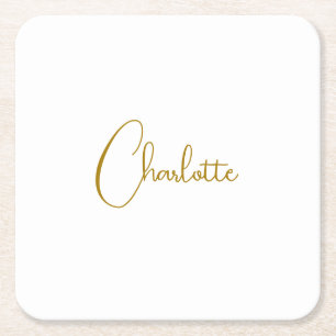 Minimalist Calligraphy Script Name Gold Colour Square Paper Coaster