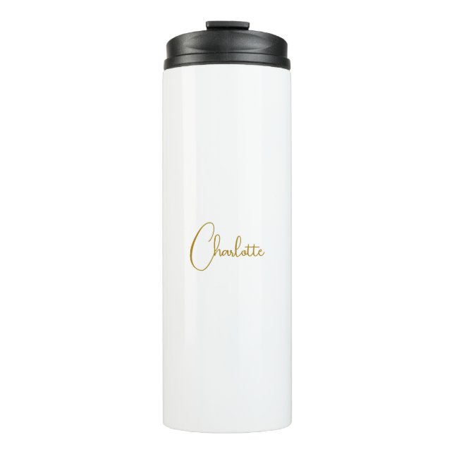 Minimalist Calligraphy Script Name Gold Colour Thermal Tumbler (Front)