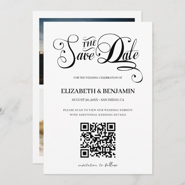 Minimalist Calligraphy Script QR Code 3 Photo Save Save The Date (Front/Back)