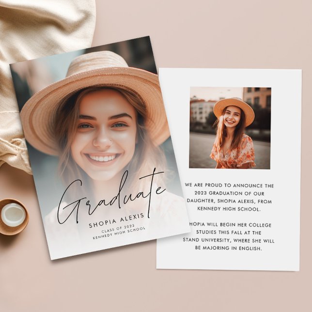 Minimalist Calligraphy Script Two Photo Graduation Announcement (Creator Uploaded)