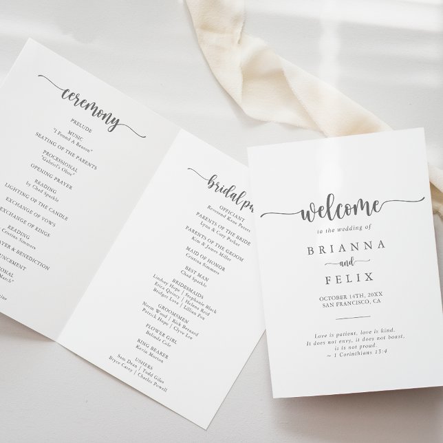Minimalist Calligraphy Silver Folded Wedding  Program (Creator Uploaded)