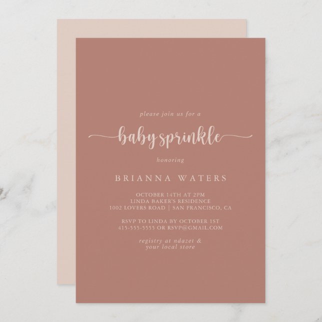 Minimalist Calligraphy Terracotta Baby Sprinkle  Invitation (Front/Back)
