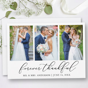 Minimalist Calligraphy Thankful 3 Photo Wedding Thank You Card