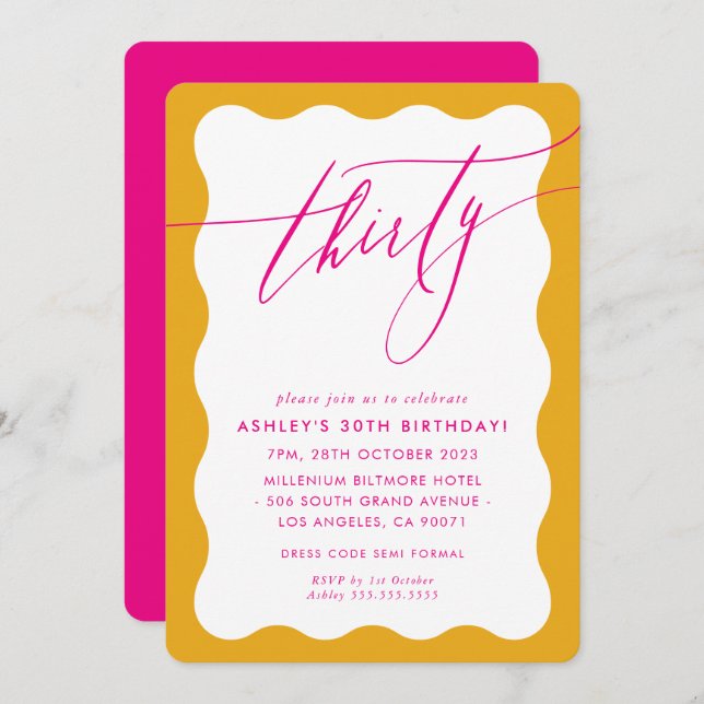 MINIMALIST Calligraphy wave 30th party pink yellow Invitation (Front/Back)