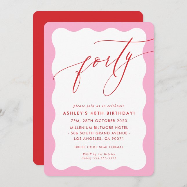 MINIMALIST Calligraphy wave 40th party pink red Invitation (Front/Back)
