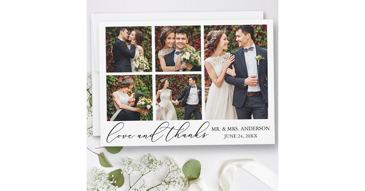 Minimalist Calligraphy Wedding 5 Photo Love Thank You Card | Zazzle