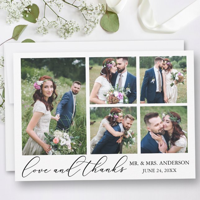 Minimalist Calligraphy Wedding 5 Photos Love Thank You Card (Customize to add text or more photos to back of card.)