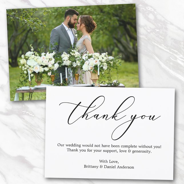 Minimalist Calligraphy Wedding Photo Thank You Card (Customize to change your personalized text size or text style.)