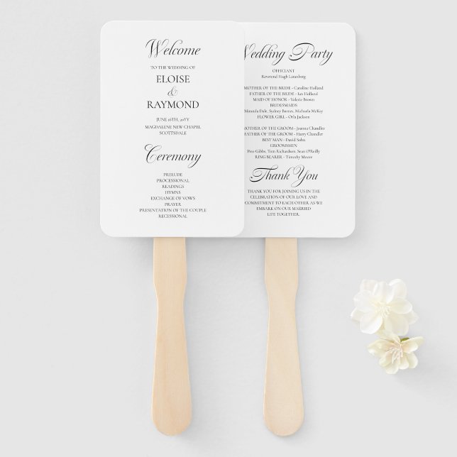Minimalist Calligraphy White Wedding Program Hand Fan (Front and Back)