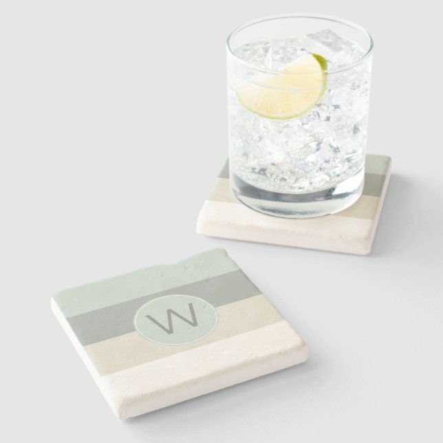 Minimalist Calming Stripes Pattern with Monogram Stone Coaster (Side)