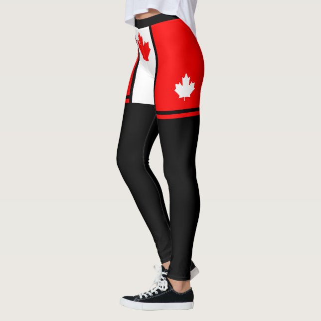 Minimalist Canadian Colours with Maple on Black  Leggings (Left)