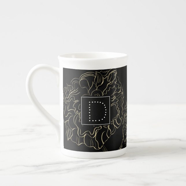 Minimalist Carnation Floral Hand Drawn Monogram Bone China Mug (Left)