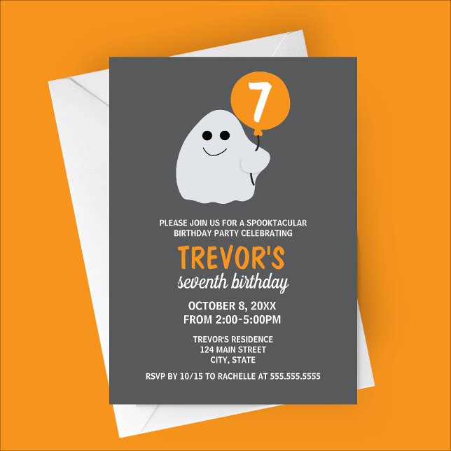 Minimalist Cartoon Ghost Birthday Party Invitation (Orange Minimalist Cartoon Ghost Halloween Birthday Party Invitation)