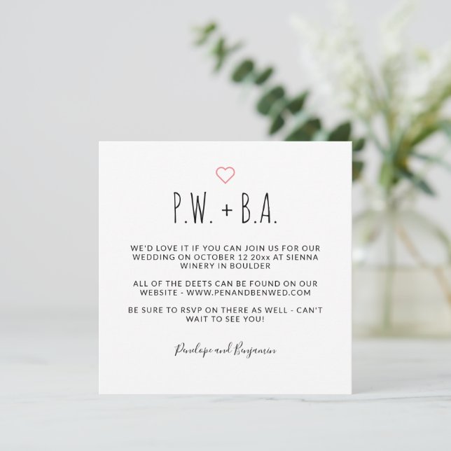 Minimalist Casual Modern Initials Heart Wedding Invitation (Standing Front)