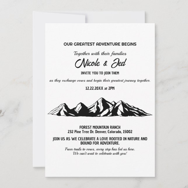 Minimalist Casual Mountain Outdoor Wedding Black Invitation (Front)