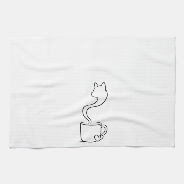 Minimalist Cat Coffee One Line Art Kitchen Towel (Horizontal)