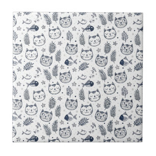 Minimalist Cat Face & Tropical Leaves Pattern Art Ceramic Tile