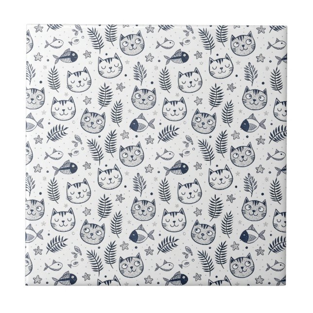 Minimalist Cat Face & Tropical Leaves Pattern Art Ceramic Tile (Front)