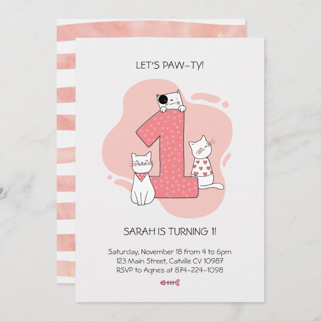 Minimalist Cat First Birthday Invite (Front/Back)